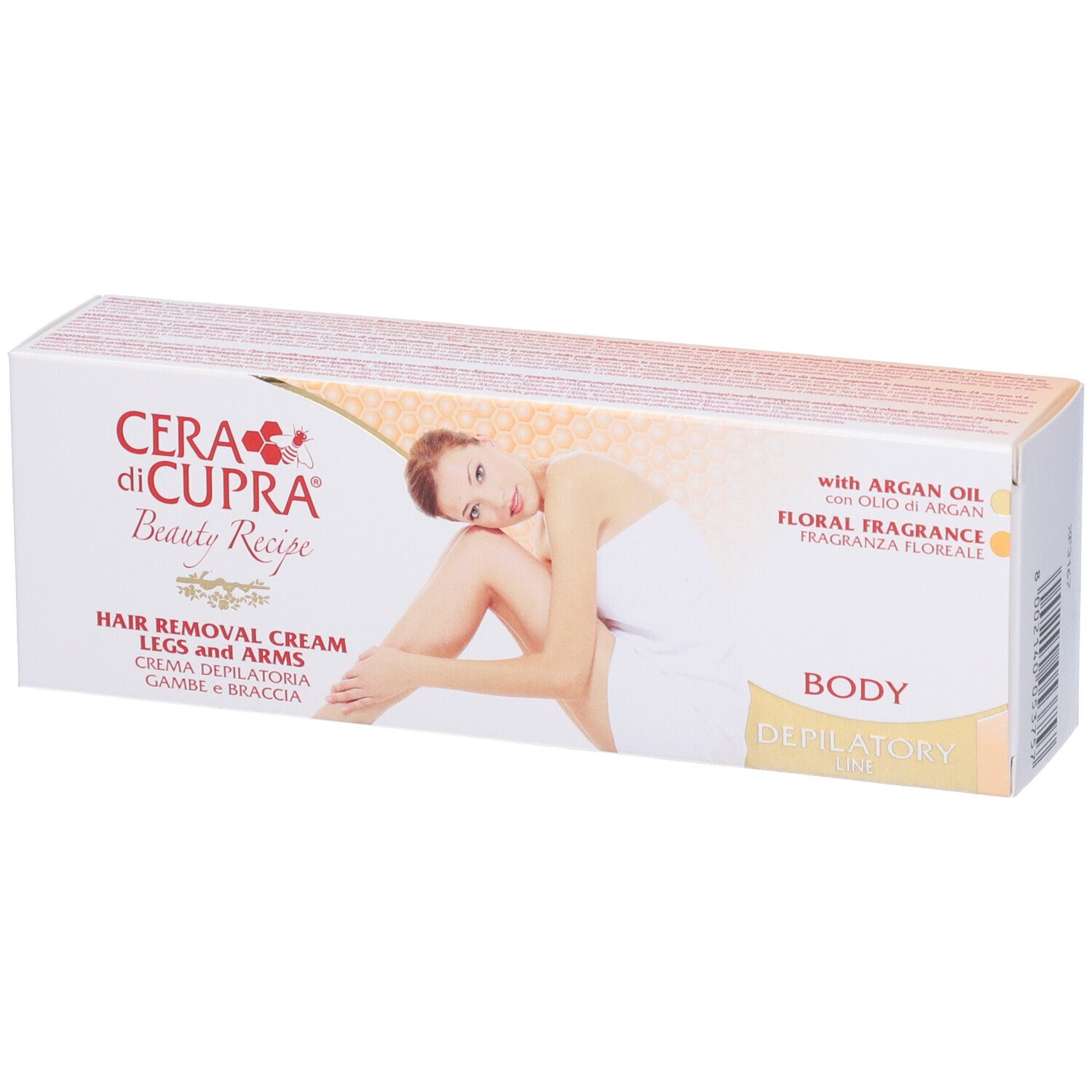 Scatola di crema depilatoria. Scritto: Cera di Cupra, Beauty Recipe, Hair Removal Cream, Legs and Arms, Body Depilatory.