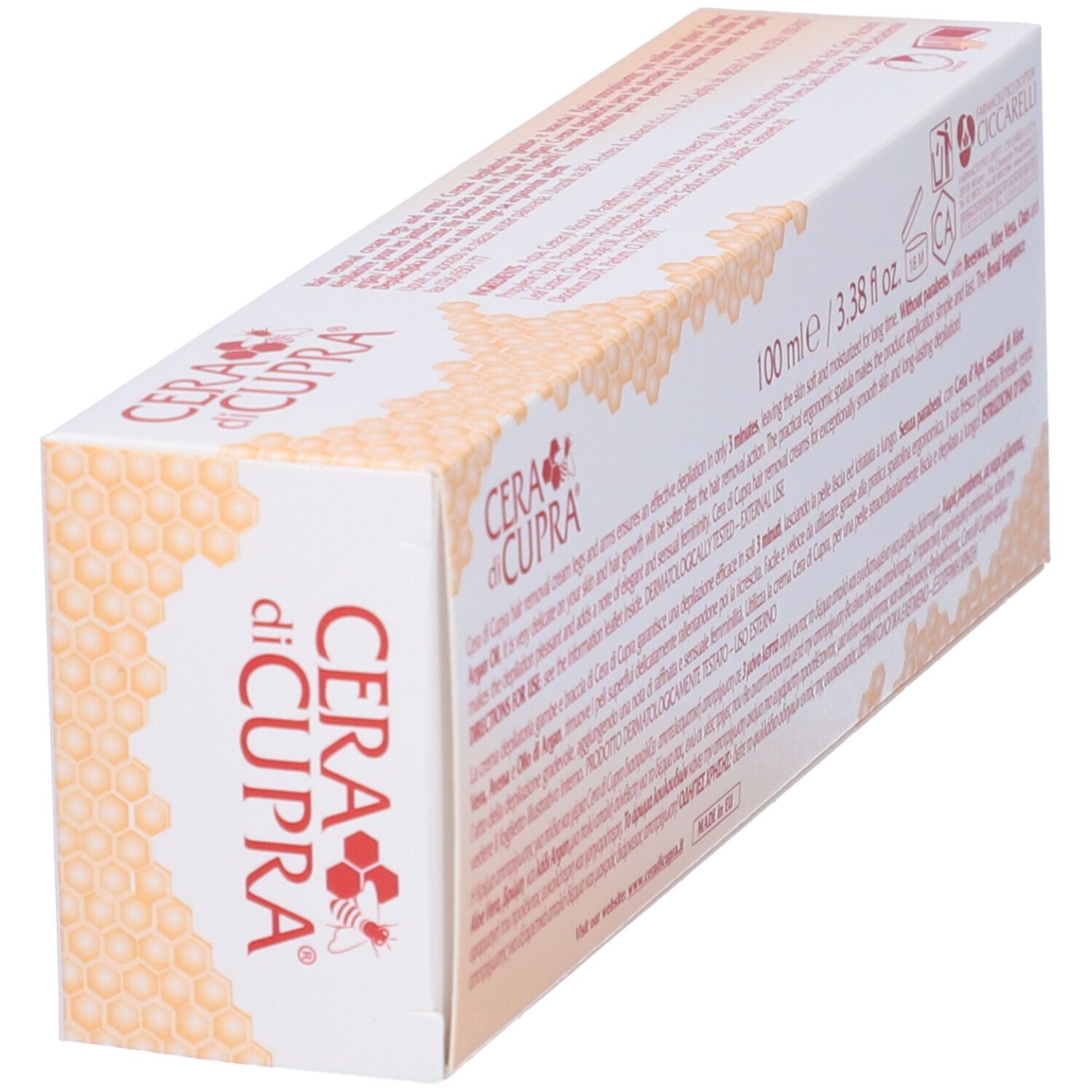 Scatola di crema depilatoria. Scritto: Cera di Cupra, Beauty Recipe, Hair Removal Cream, Legs and Arms, Body Depilatory.