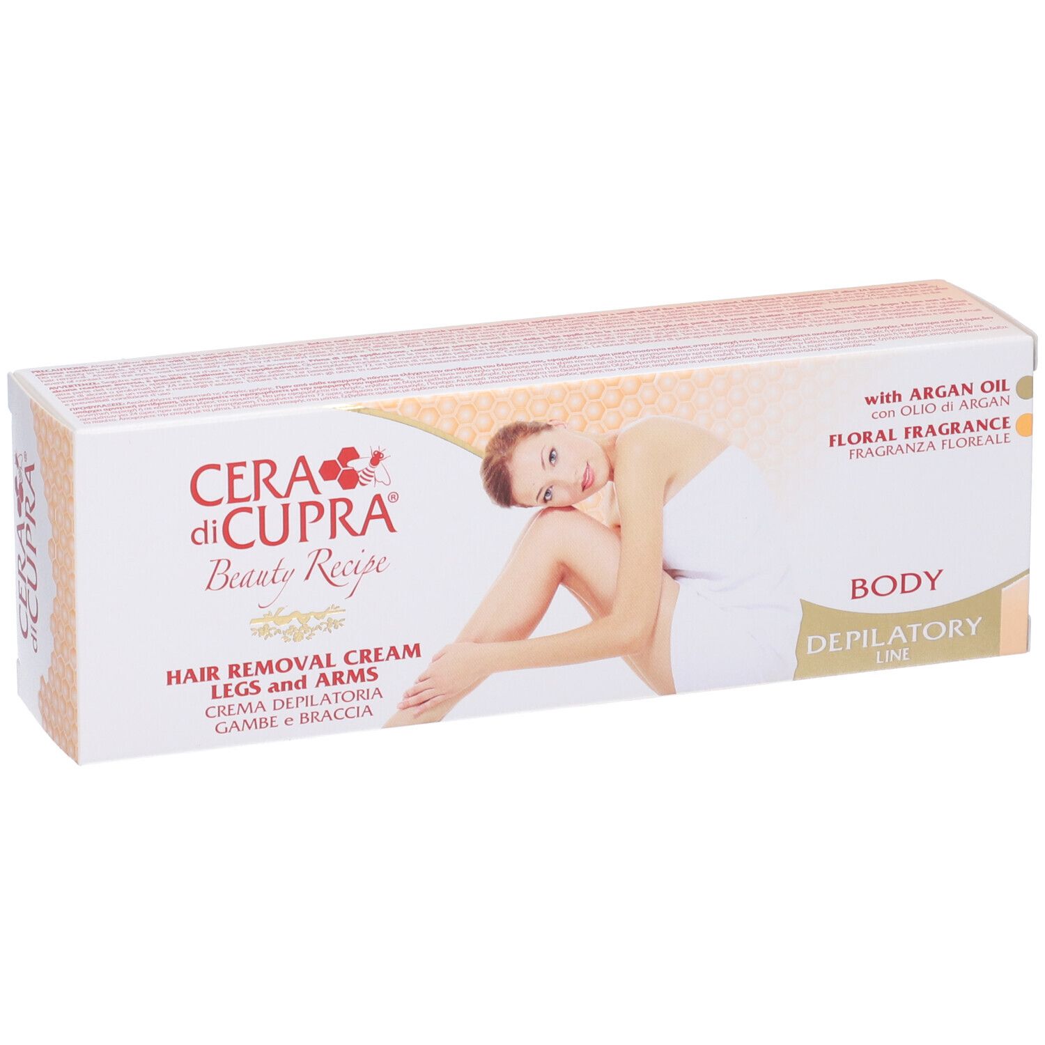 Scatola di crema depilatoria. Scritto: Cera di Cupra, Beauty Recipe, Hair Removal Cream, Legs and Arms, Body Depilatory.