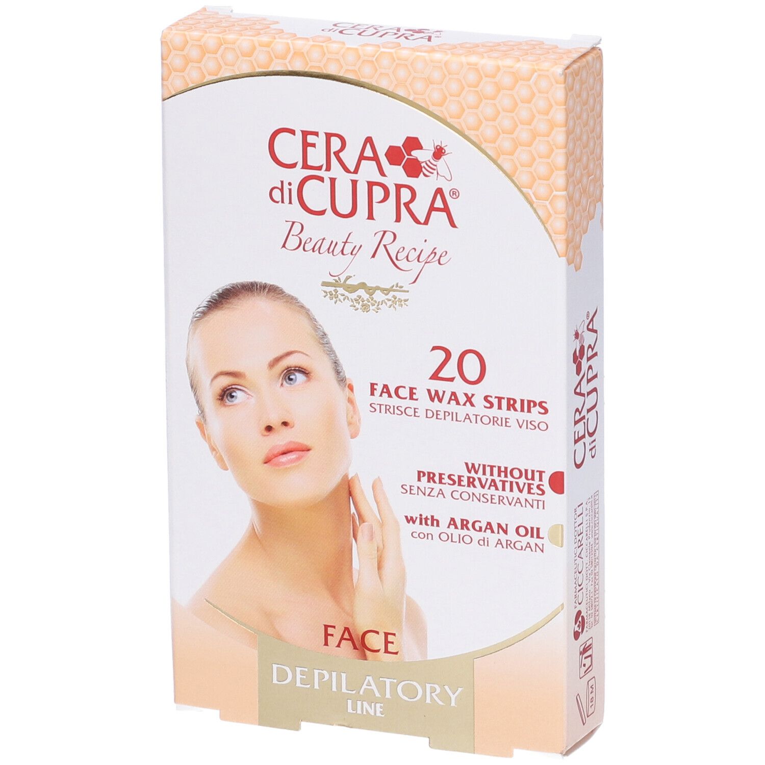 Confezione di 20 strisce depilatorie viso. Marchio Cera di Cupra, Beauty Recipe. Senza conservanti, con olio di Argan.