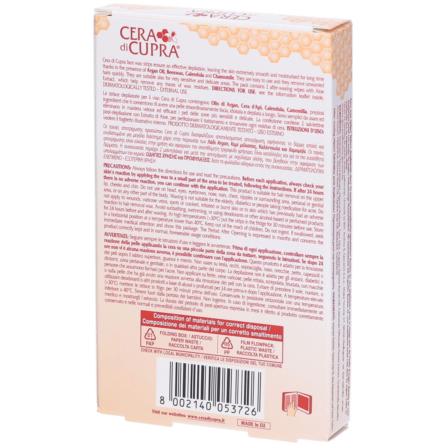 Confezione di 20 strisce depilatorie viso. Marchio Cera di Cupra, Beauty Recipe. Senza conservanti, con olio di Argan.