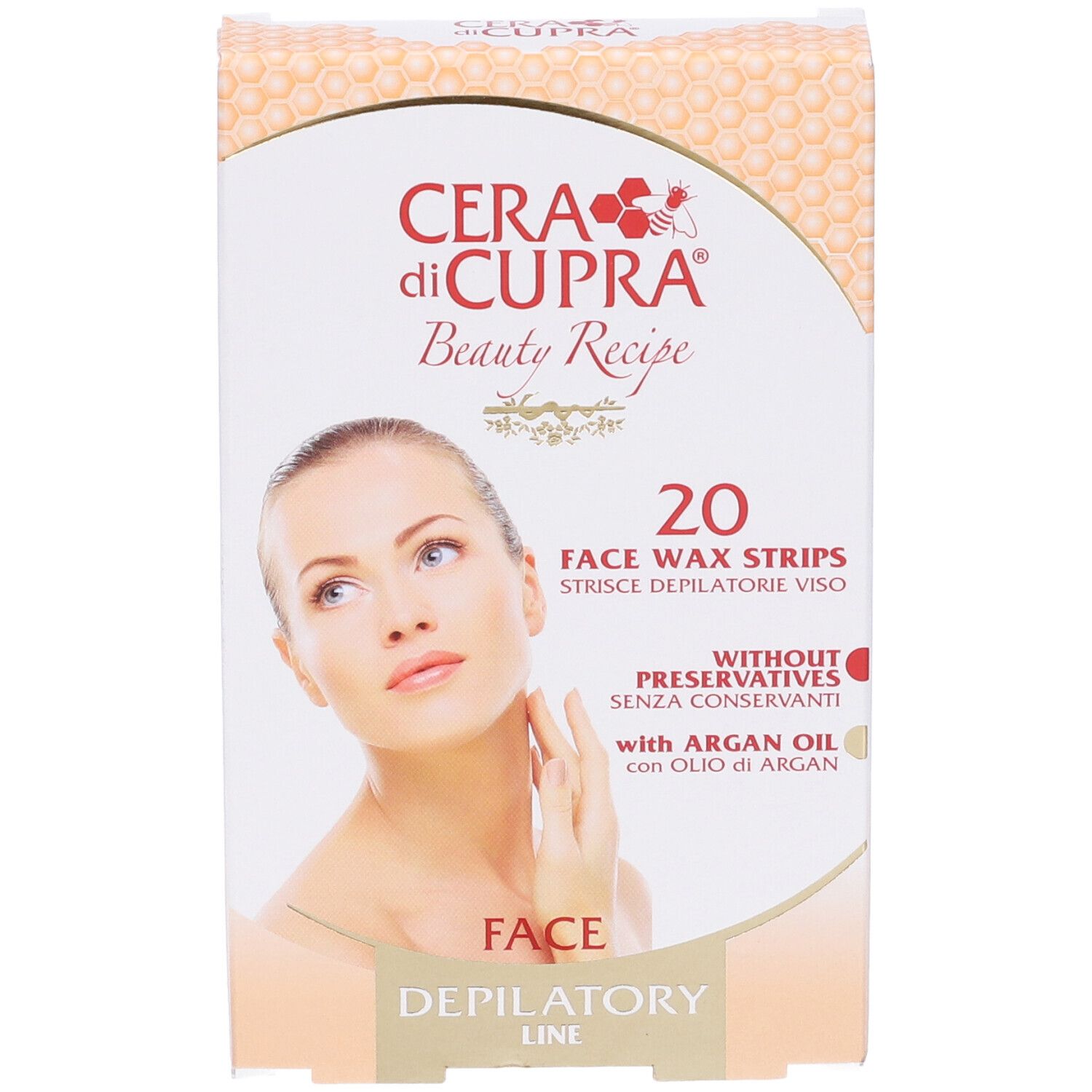 Confezione di 20 strisce depilatorie viso. Marchio Cera di Cupra, Beauty Recipe. Senza conservanti, con olio di Argan.