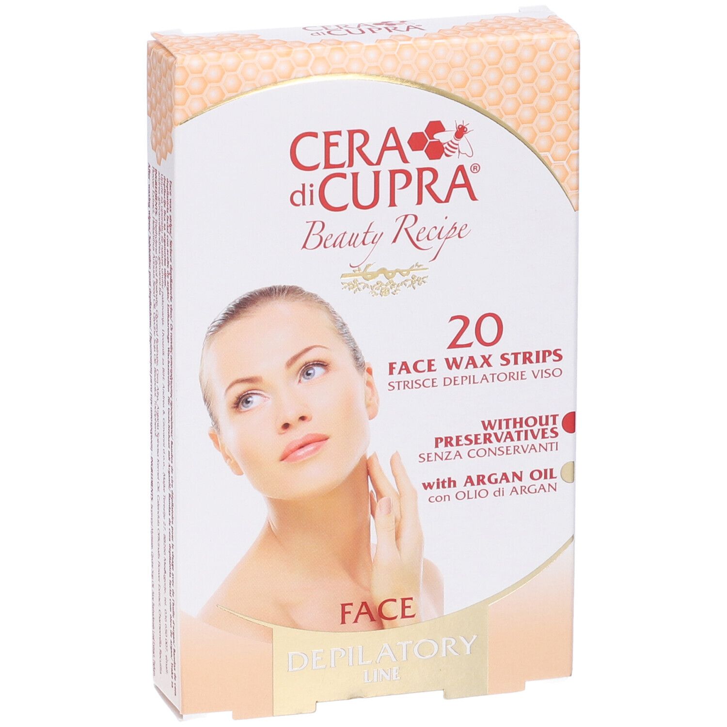 Confezione di 20 strisce depilatorie viso. Marchio Cera di Cupra, Beauty Recipe. Senza conservanti, con olio di Argan.