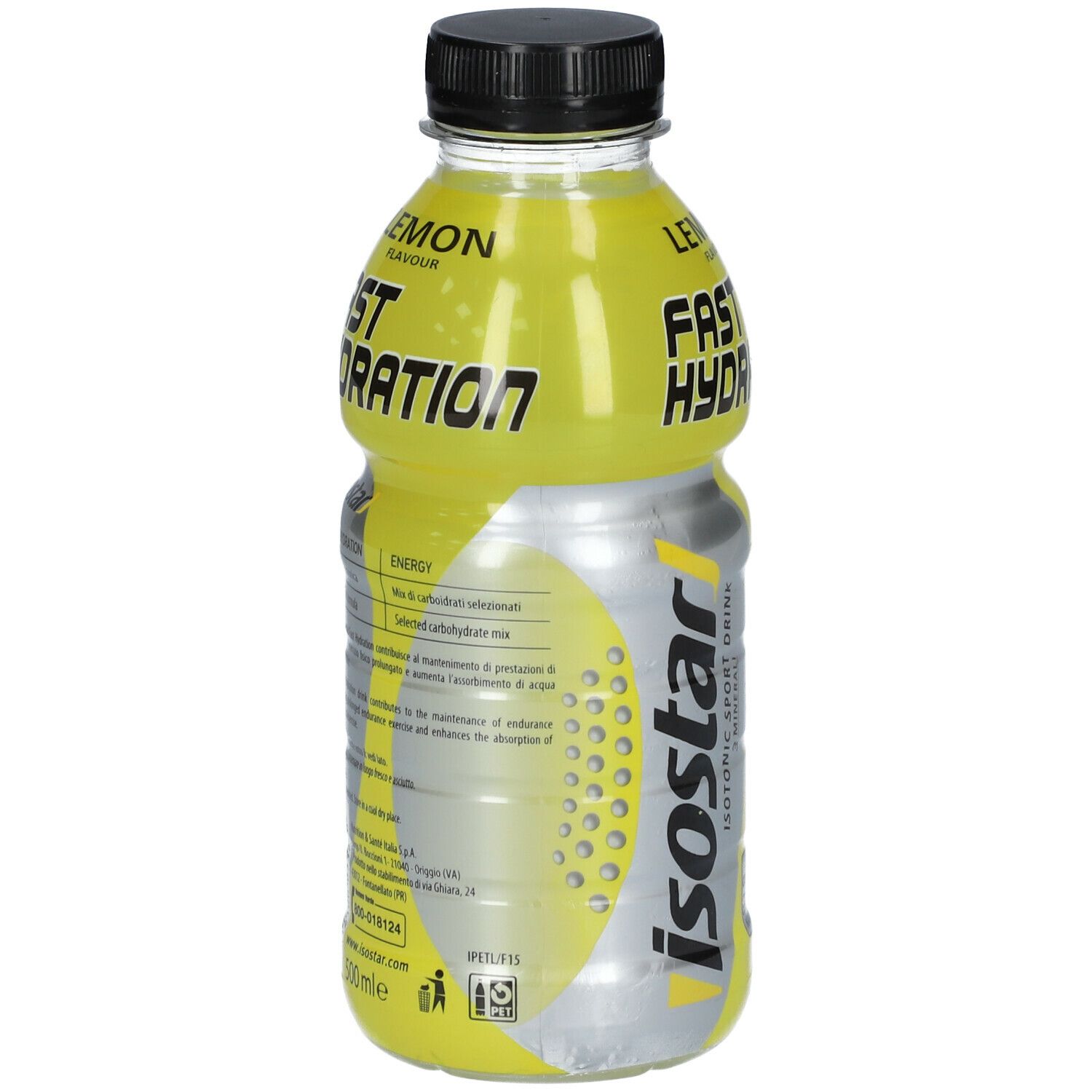 Bottiglia giallo-argento con tappo nero. Scritta: Lemon, Fast Hydration, Isostar. Retro con informazioni nutrizionali.