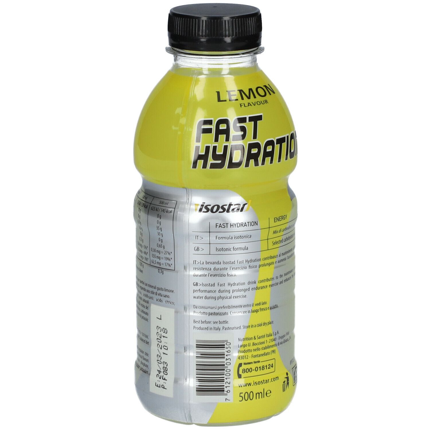 Bottiglia giallo-argento con tappo nero. Retro con informazioni nutrizionali e ingredienti. Scritta: 500ml.