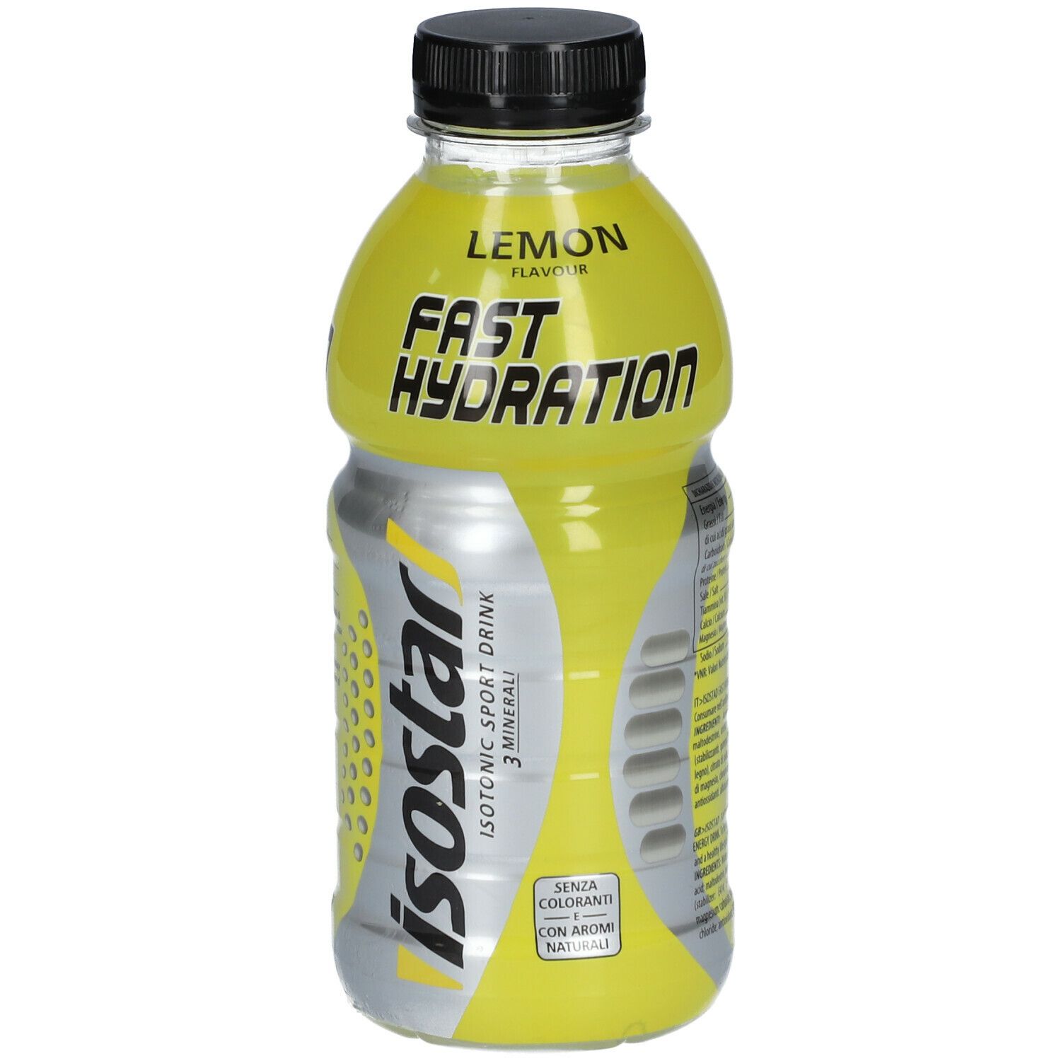 Bottiglia giallo-argento con tappo nero. Scritta: Lemon, Fast Hydration, Isostar. Bevanda sportiva isotonica. 3 minerali.