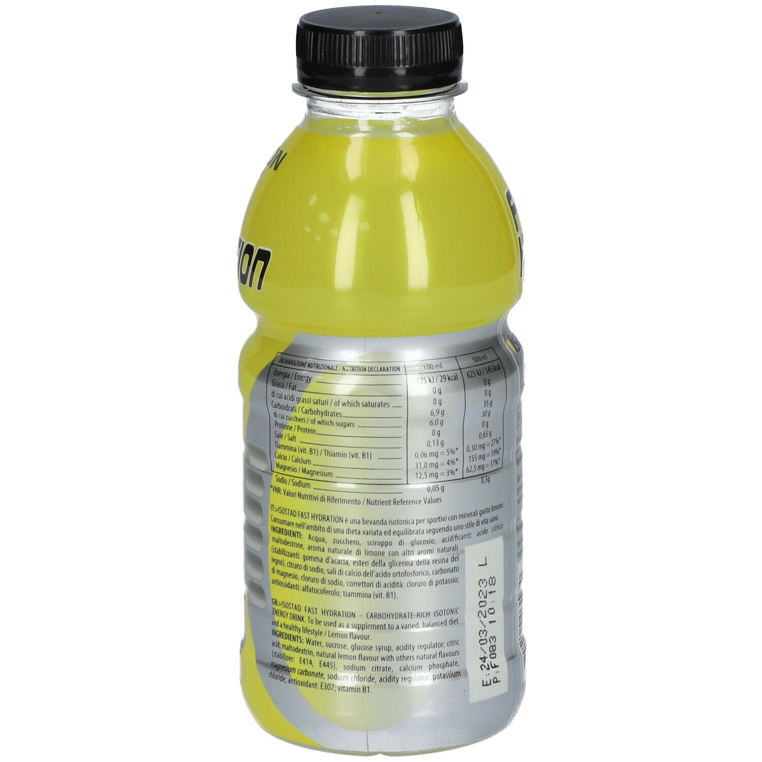 Bottiglia giallo-argento con tappo nero. Retro con informazioni nutrizionali e ingredienti. Scritta: 500ml. Data di scadenza.