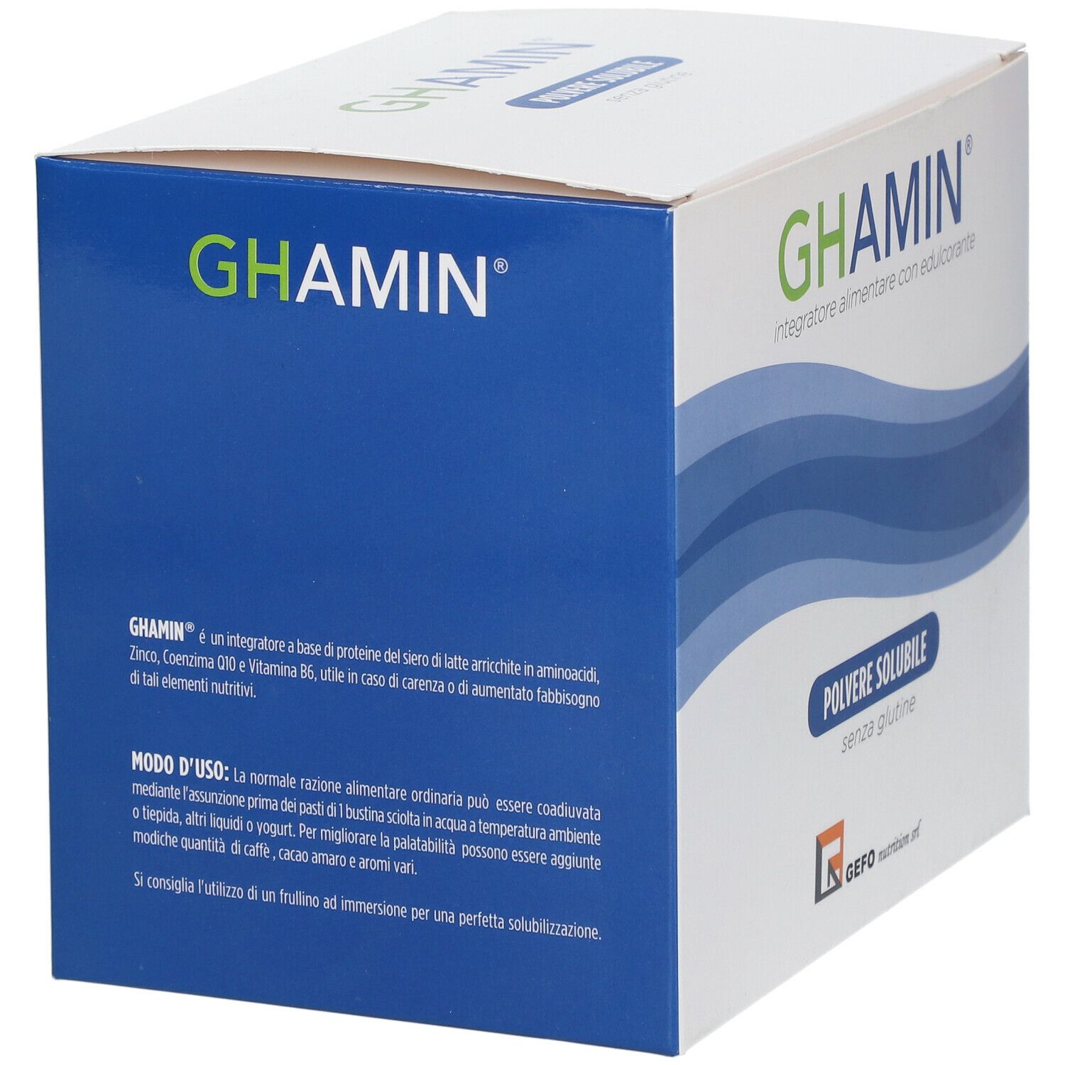 Scatola di GEFO GHAMIN®. Scritta GHAMIN, area blu con testo. 'Polvere solubile senza glutine'. Logo GEFO Nutrition.