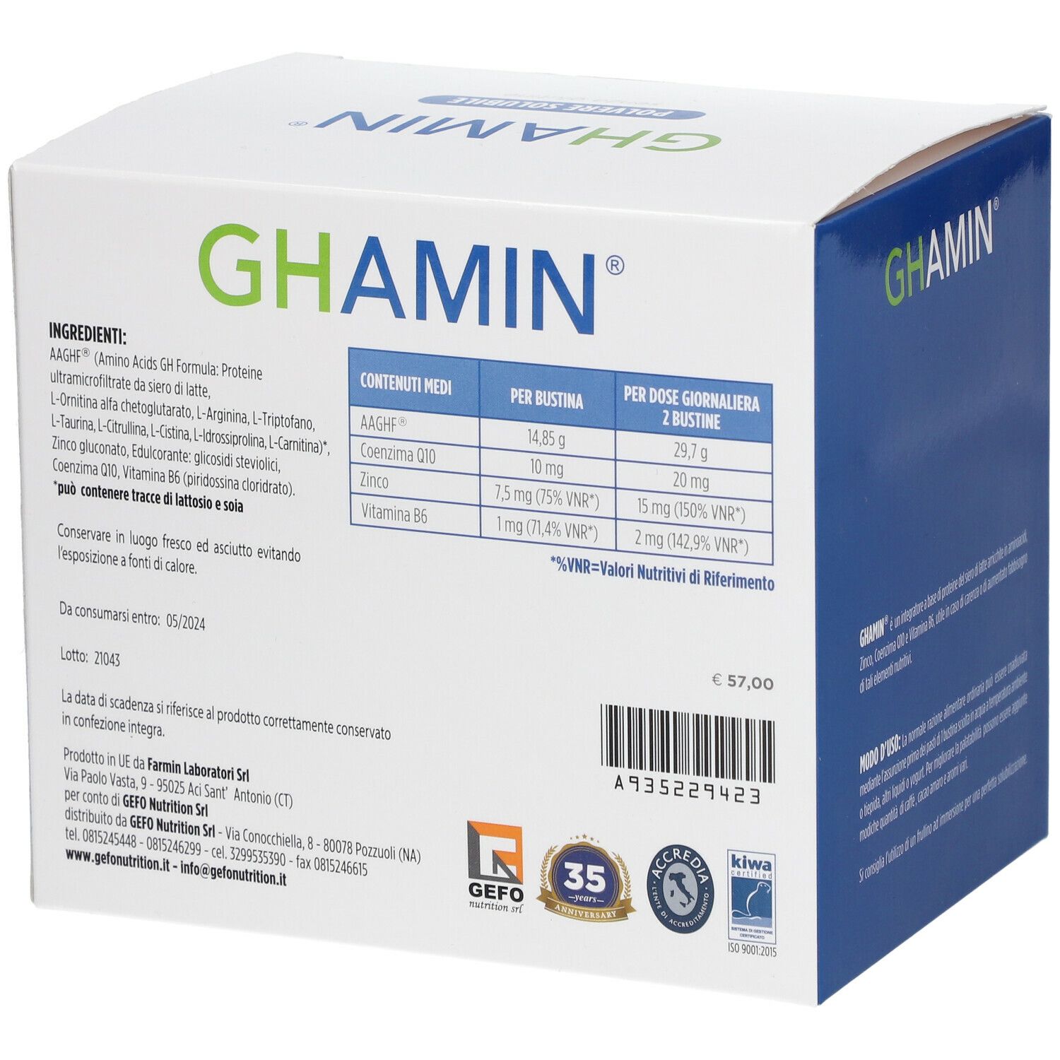 Scatola di GEFO GHAMIN®. Scritta GHAMIN, elenco ingredienti, tabella nutrizionale. Logo GEFO Nutrition, certificazioni.