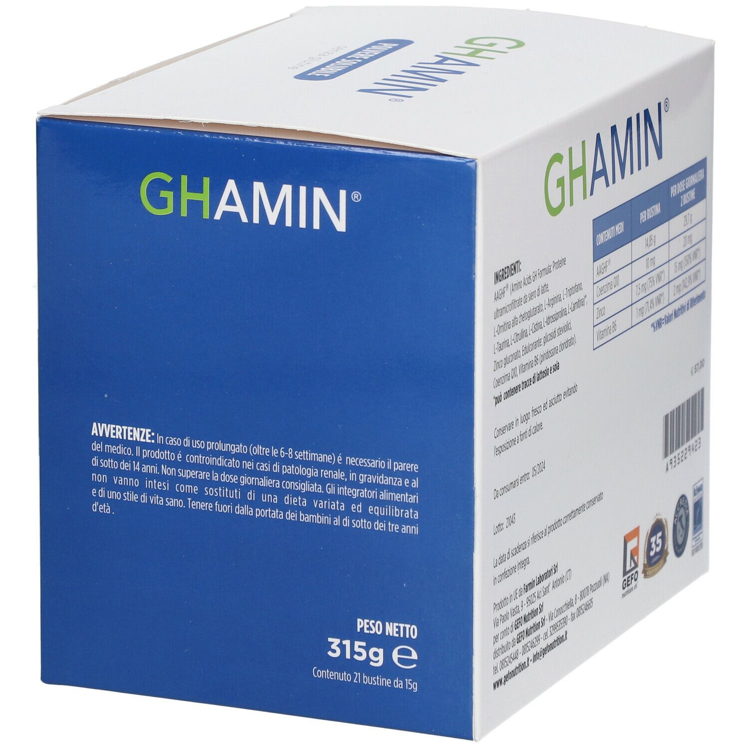Scatola di GEFO GHAMIN®. Scritta GHAMIN, testo, '315g e'. Logo GEFO Nutrition. Contiene 21 bustine.
