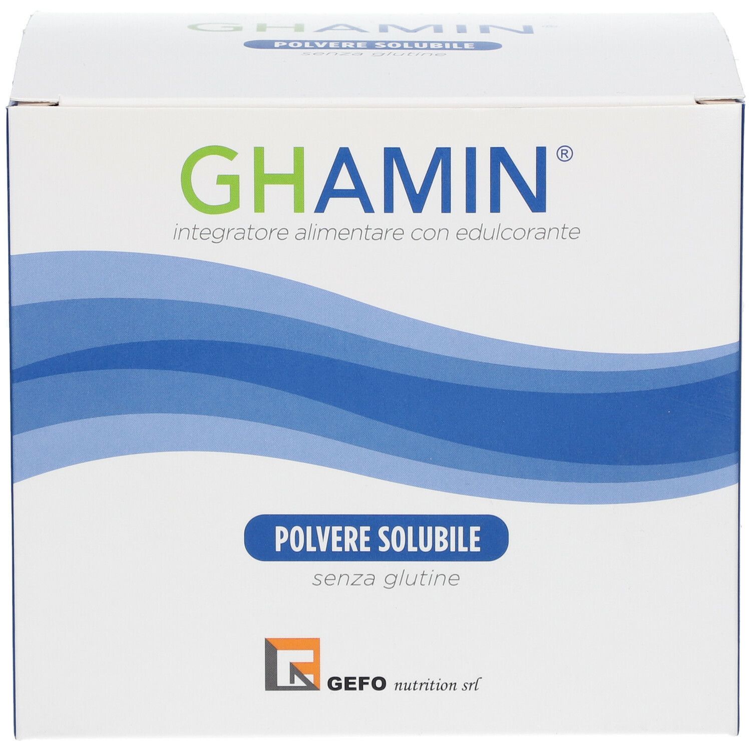 Scatola di GEFO GHAMIN®. Scritta GHAMIN, onde blu, 'Polvere solubile senza glutine'. Logo GEFO Nutrition.