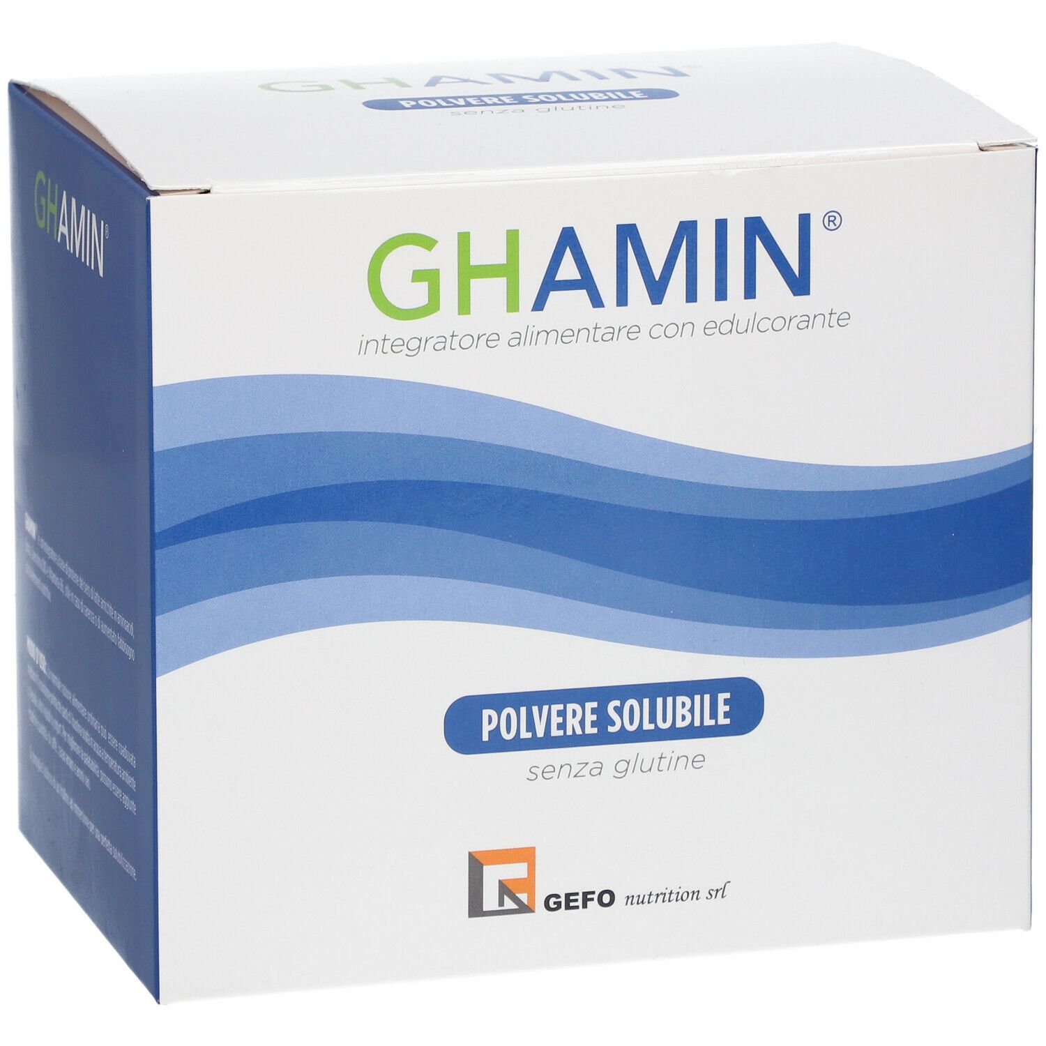 Scatola di GEFO GHAMIN®. Scritta GHAMIN, onde blu, 'Polvere solubile senza glutine'. Logo GEFO Nutrition.