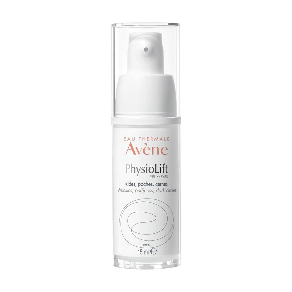 Flacone bianco con tappo trasparente. Scritta: Eau Thermale Avène PhysioLift Yeux. 15 ml. Per rughe, borse, occhiaie.