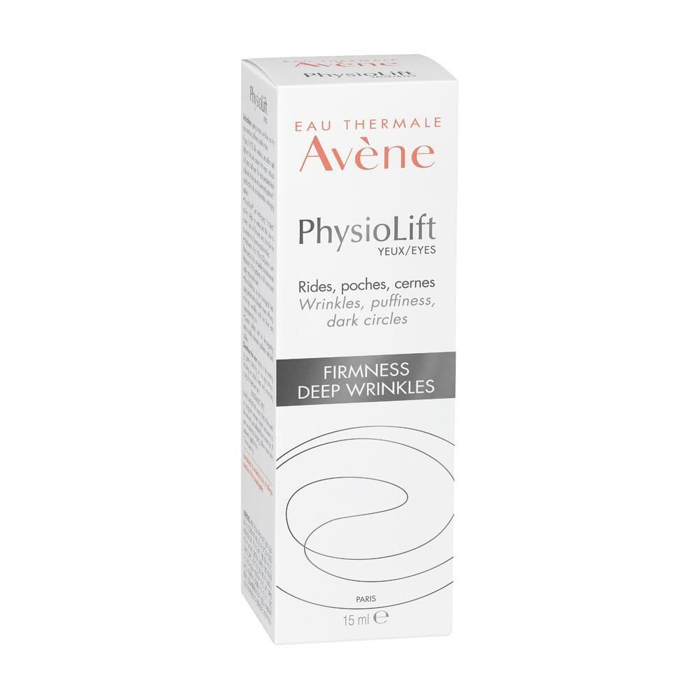 Confezione bianca con scritta: Eau Thermale Avène PhysioLift Yeux. Per rughe, borse, occhiaie. 15 ml. Testo nero.