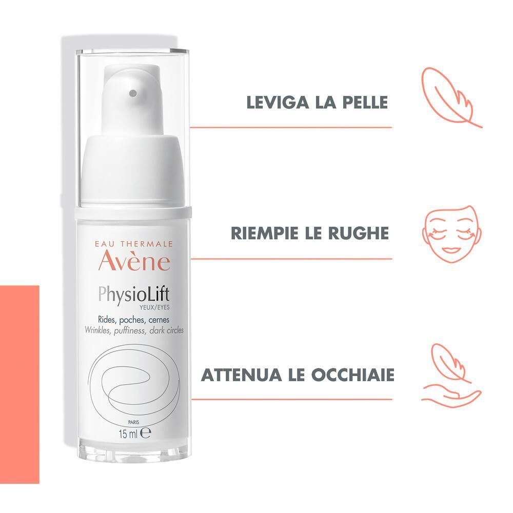 Flacone bianco con tappo trasparente. Scritta: Eau Thermale Avène PhysioLift Yeux. 15 ml. Per rughe, borse, occhiaie.