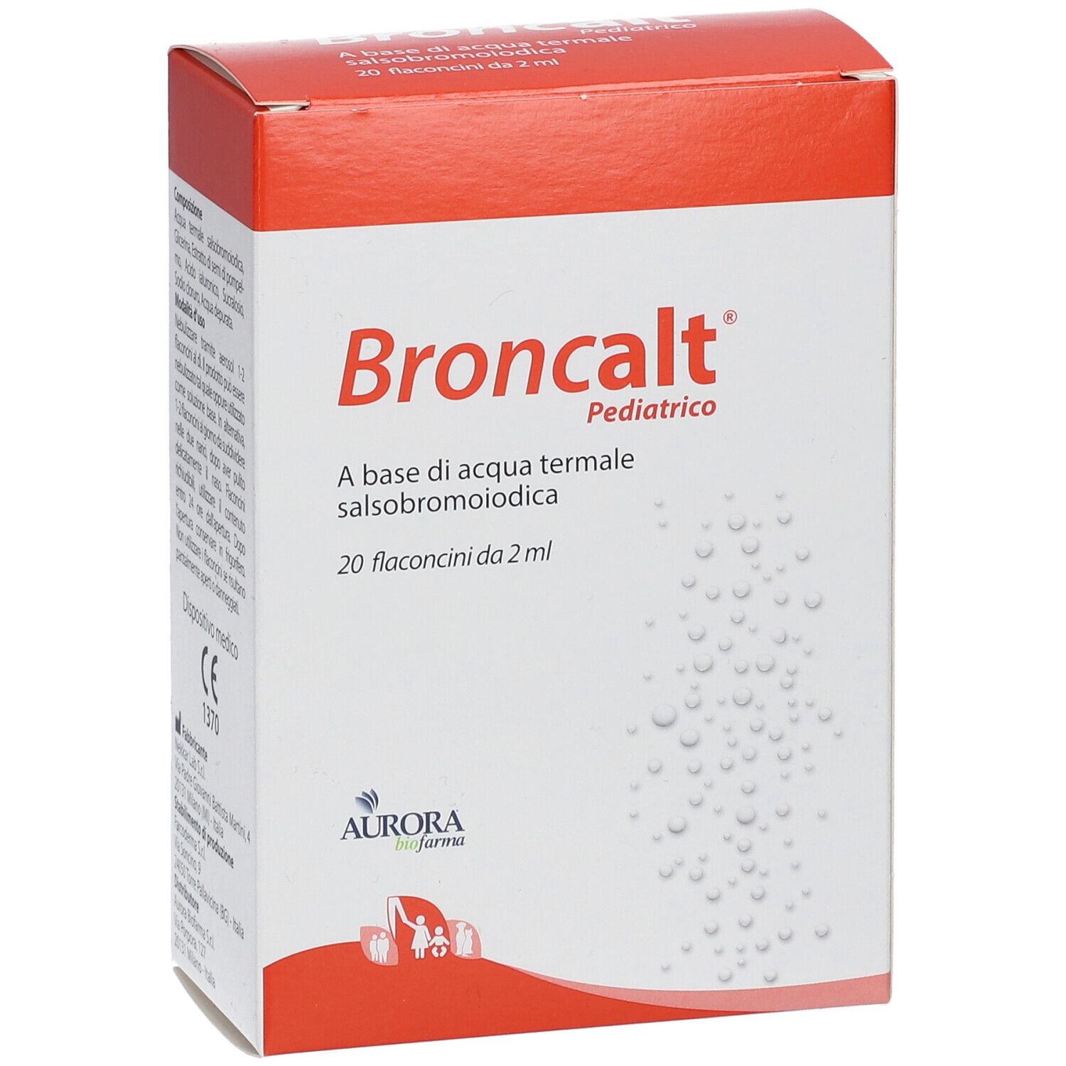 Scatola Broncalt Pediatrico. Contiene 20 flaconcini. Marchio Aurora biofarma. Design bianco-rosso.