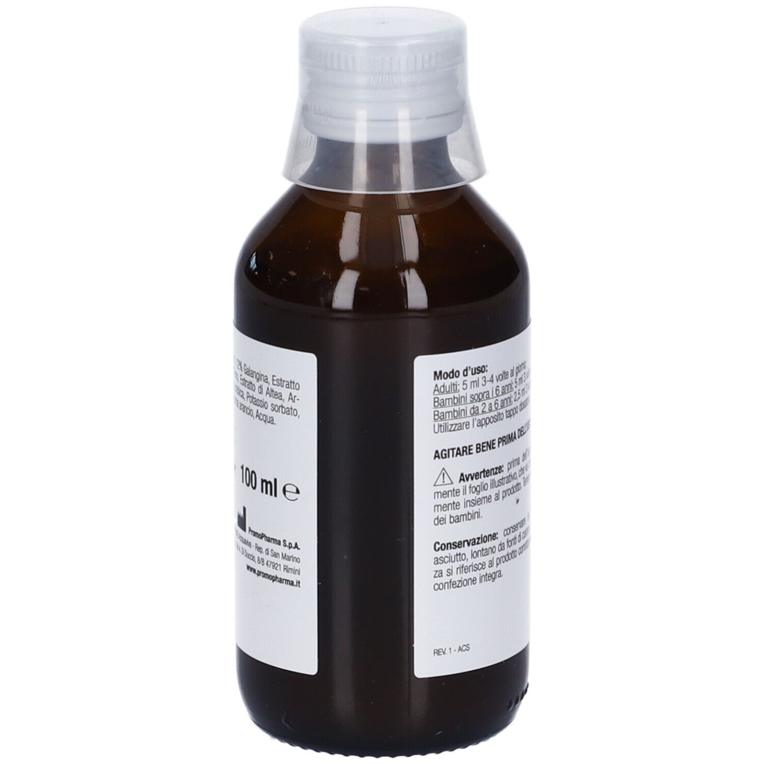 Flacone marrone con tappo bianco. Etichetta con indicazione del volume 100 ml. Dispositivo medico.