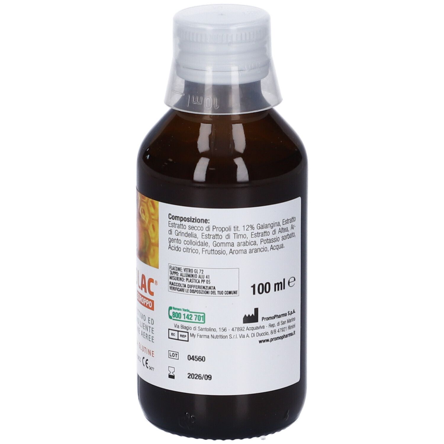 Flacone marrone con tappo bianco. Etichetta con ingredienti e indicazione del volume 100 ml. Dispositivo medico.