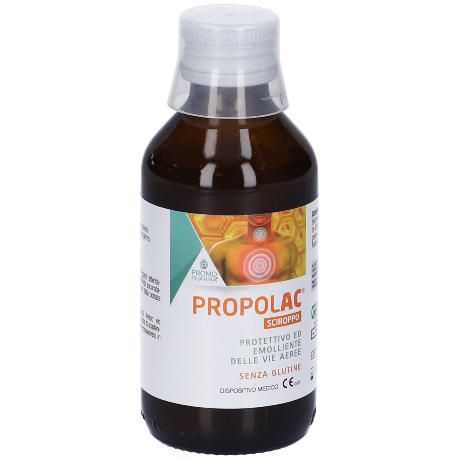 Flacone marrone con tappo bianco. Etichetta con nome prodotto, logo e testo. Dispositivo medico. Senza glutine.