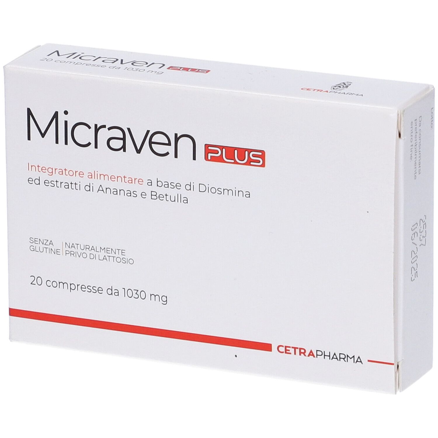 Scatola bianca con testo rosso. Scritto: Micraven PLUS, 20 compresse. Contiene Diosmina, Ananas e Betulla. Marchio: Cetrapharma.