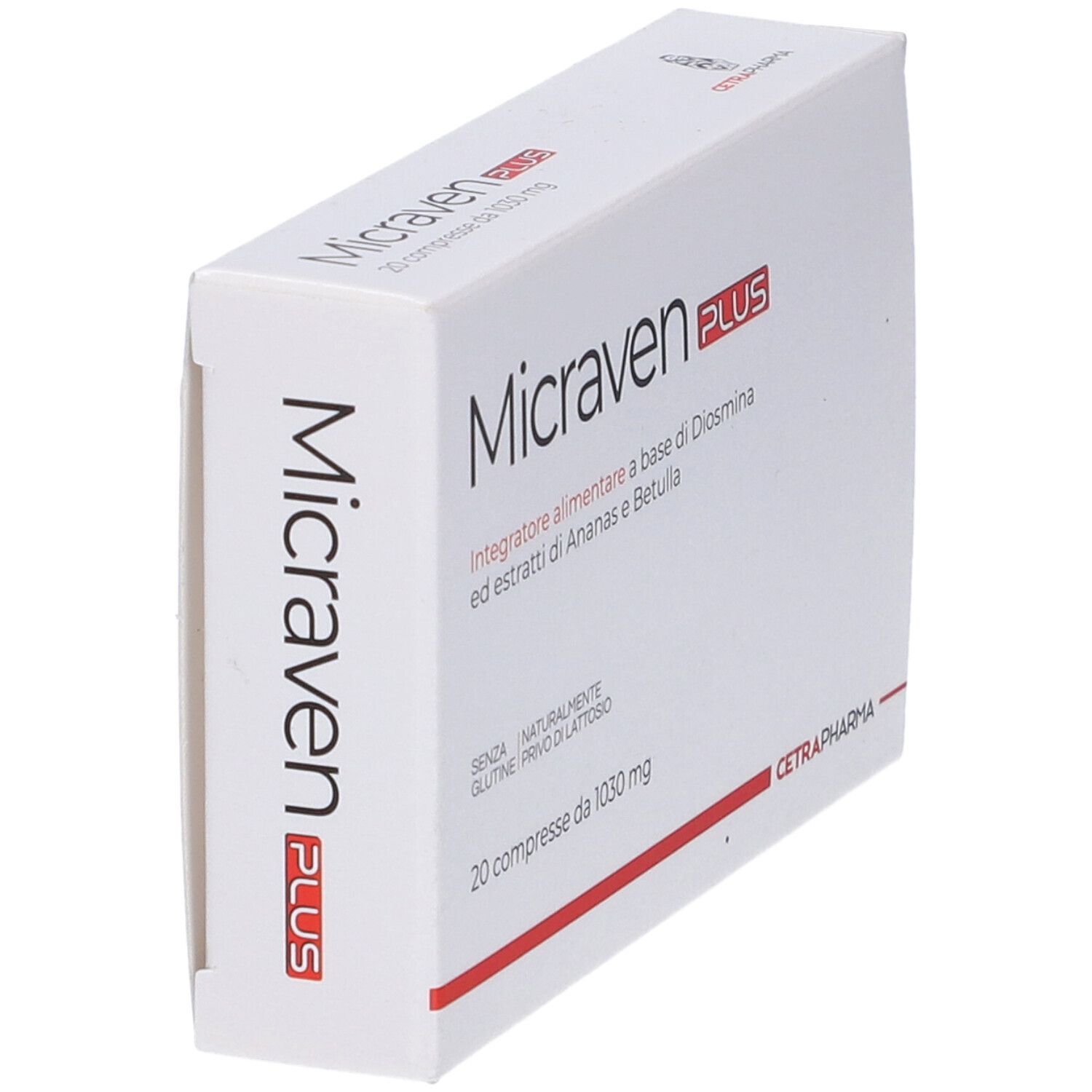 Scatola bianca con testo rosso. Scritto: Micraven PLUS, 20 compresse. Contiene Diosmina, Ananas e Betulla. Marchio: Cetrapharma.
