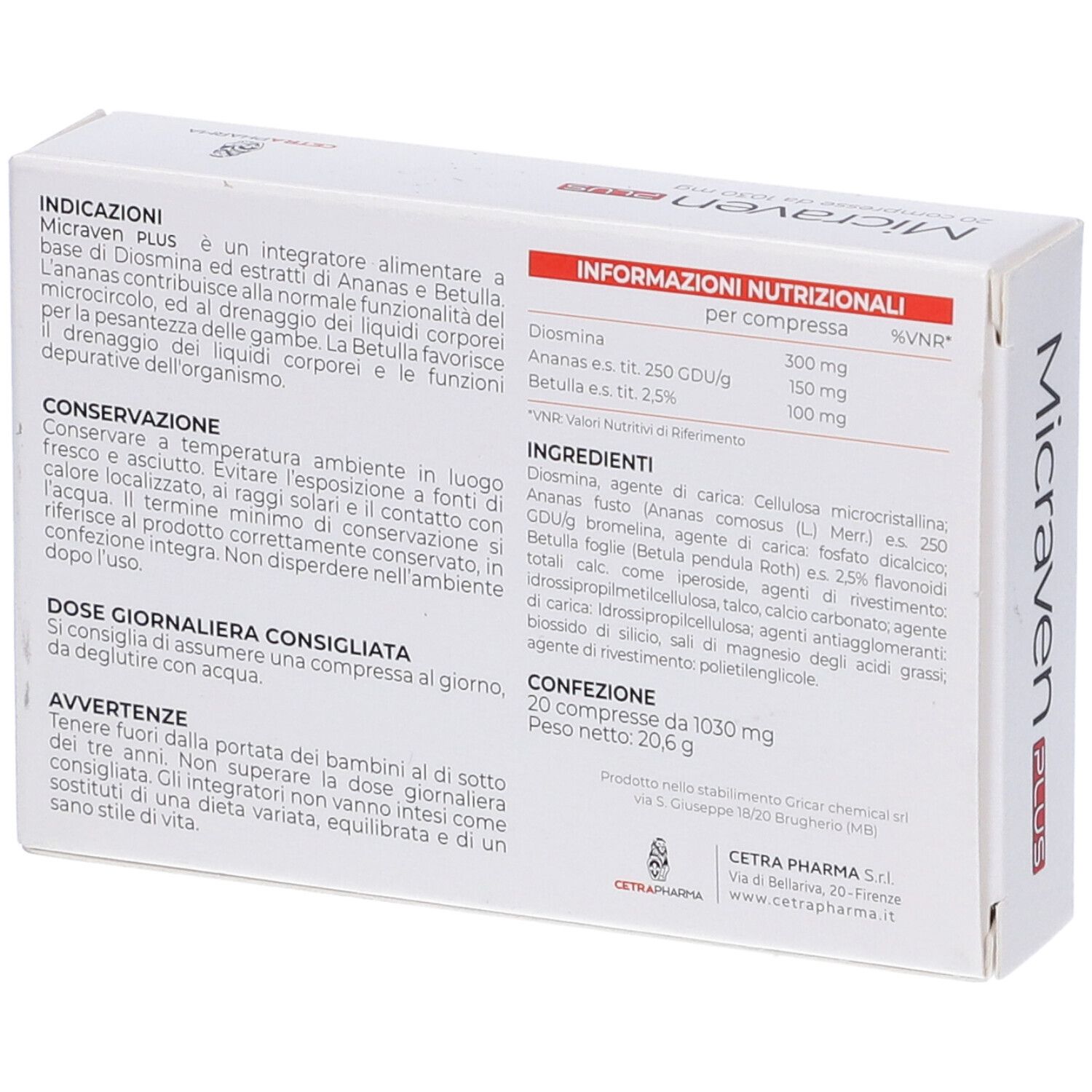 Scatola bianca con testo rosso. Scritto: Micraven PLUS, 20 compresse. Contiene Diosmina, Ananas e Betulla. Marchio: Cetrapharma. Testo sul retro.