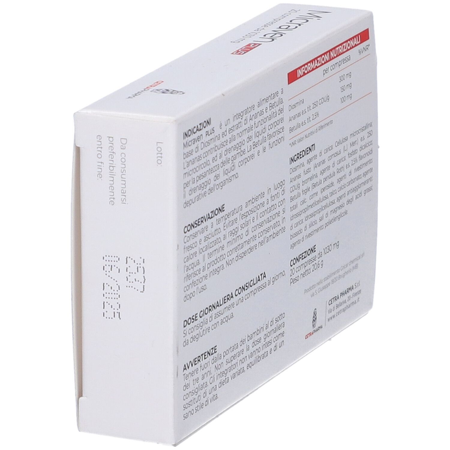 Scatola bianca con testo rosso. Scritto: Micraven PLUS, 20 compresse. Contiene Diosmina, Ananas e Betulla. Marchio: Cetrapharma. Testo sul retro.