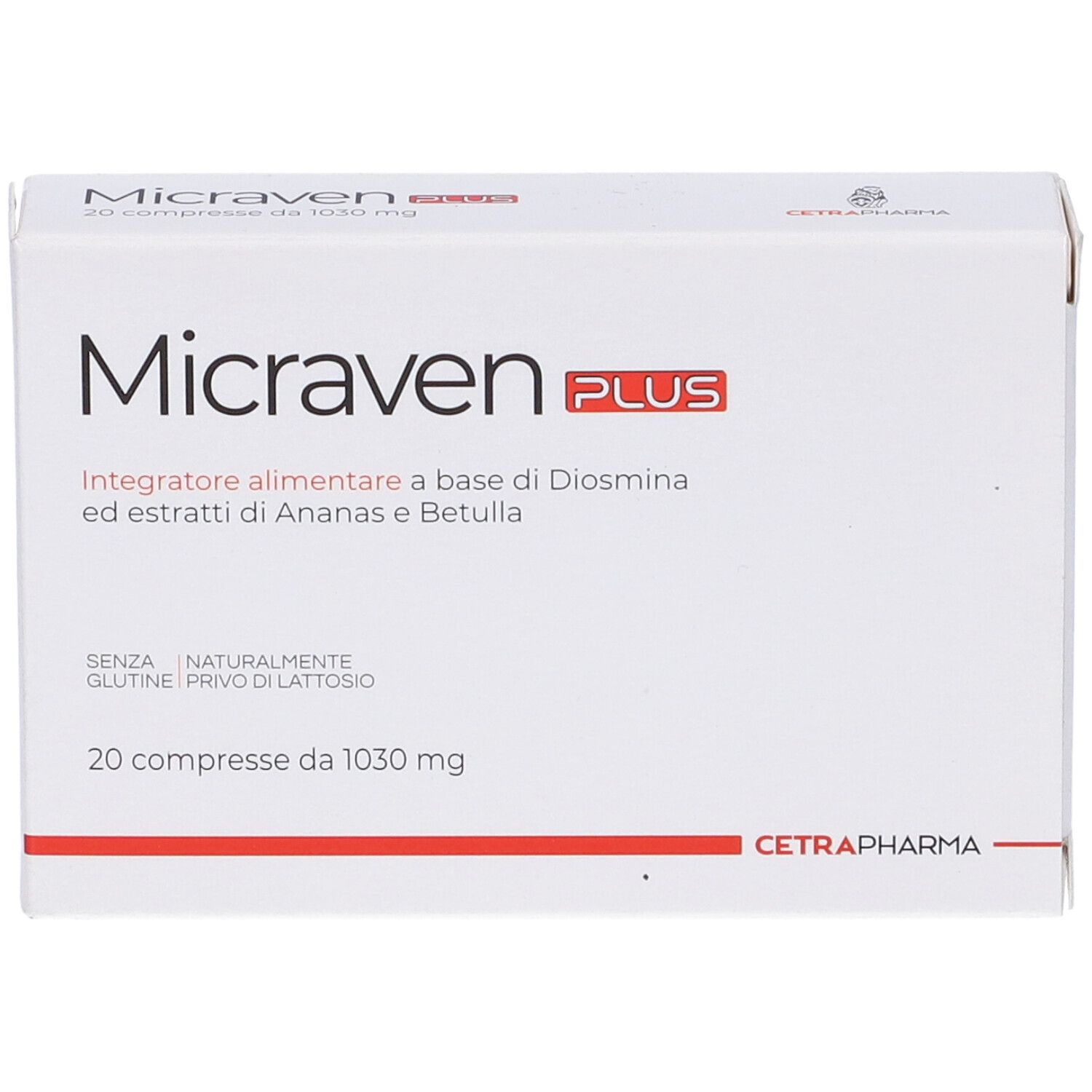 Scatola bianca con testo rosso. Scritto: Micraven PLUS, 20 compresse. Contiene Diosmina, Ananas e Betulla. Marchio: Cetrapharma.