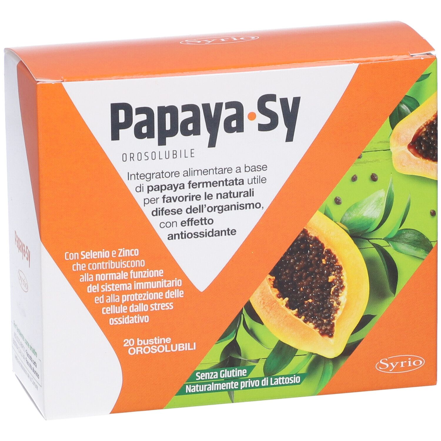 Scatola arancione Papaya-Sy. Scritto: Papaya-Sy, Orosolubile, 20 bustine, senza glutine, senza lattosio. Immagine di papaya.