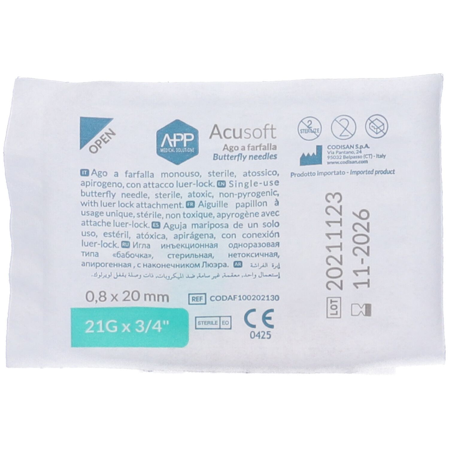 Ago A Farfalla Epicranico Acusoft Monouso Sterile Diametro 21 Gauge Lunghezza 20 Mm Tubo 30 Cm Codice Colore Verde