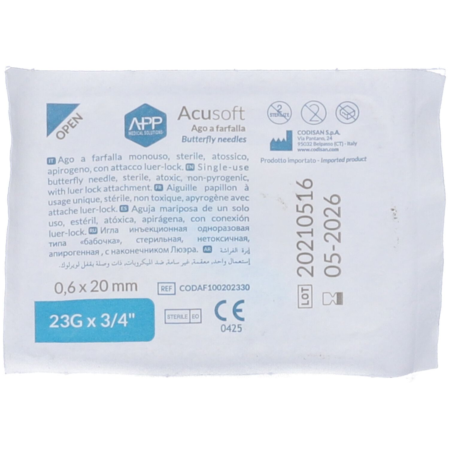 Ago A Farfalla Epicranico Acusoft Monouso Sterile Diametro 23 Gauge Lunghezza 20 Mm Tubo 30 Cm Codice Colore Blu