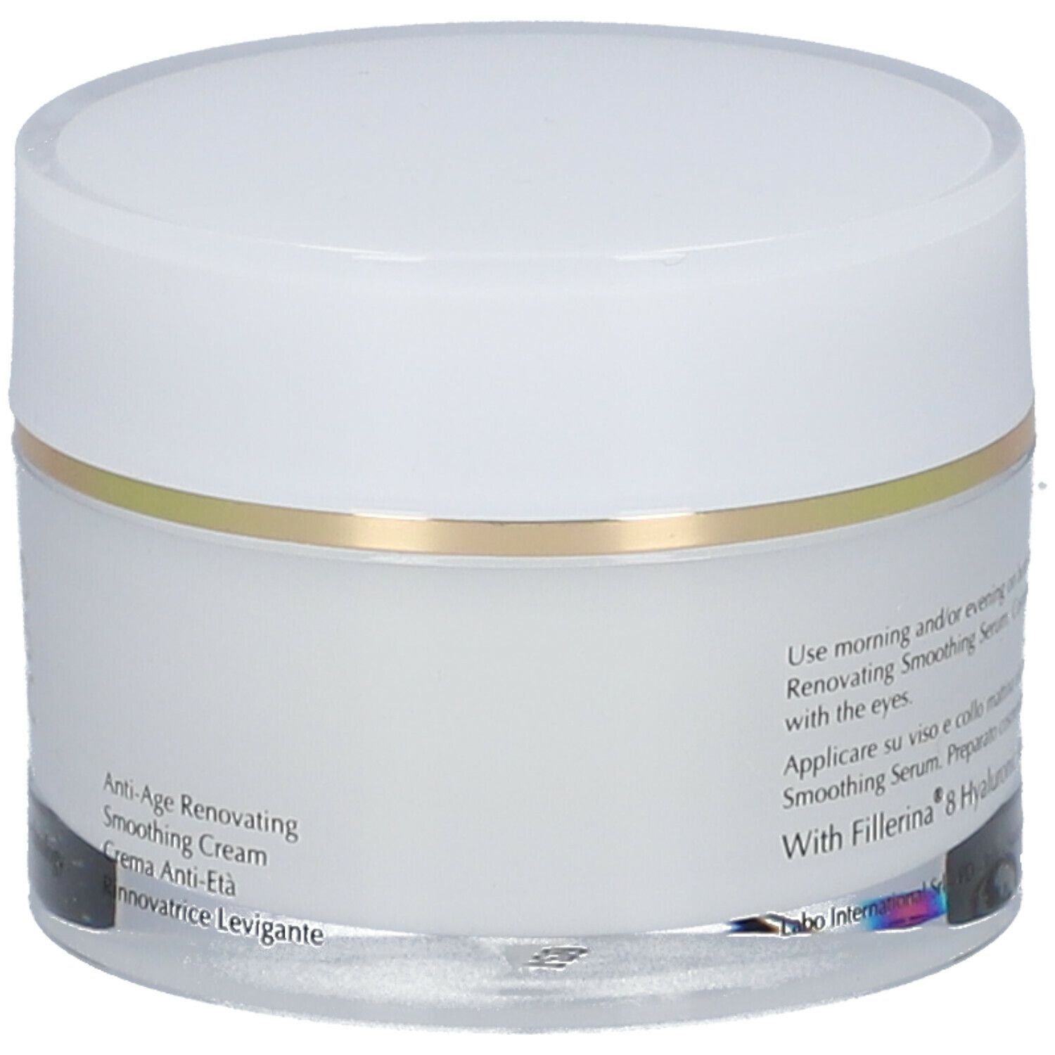 Vasetto di crema con coperchio bianco e anello dorato. Scritta: Anti-Age, Smoothing Cream, Crema Anti-Età.