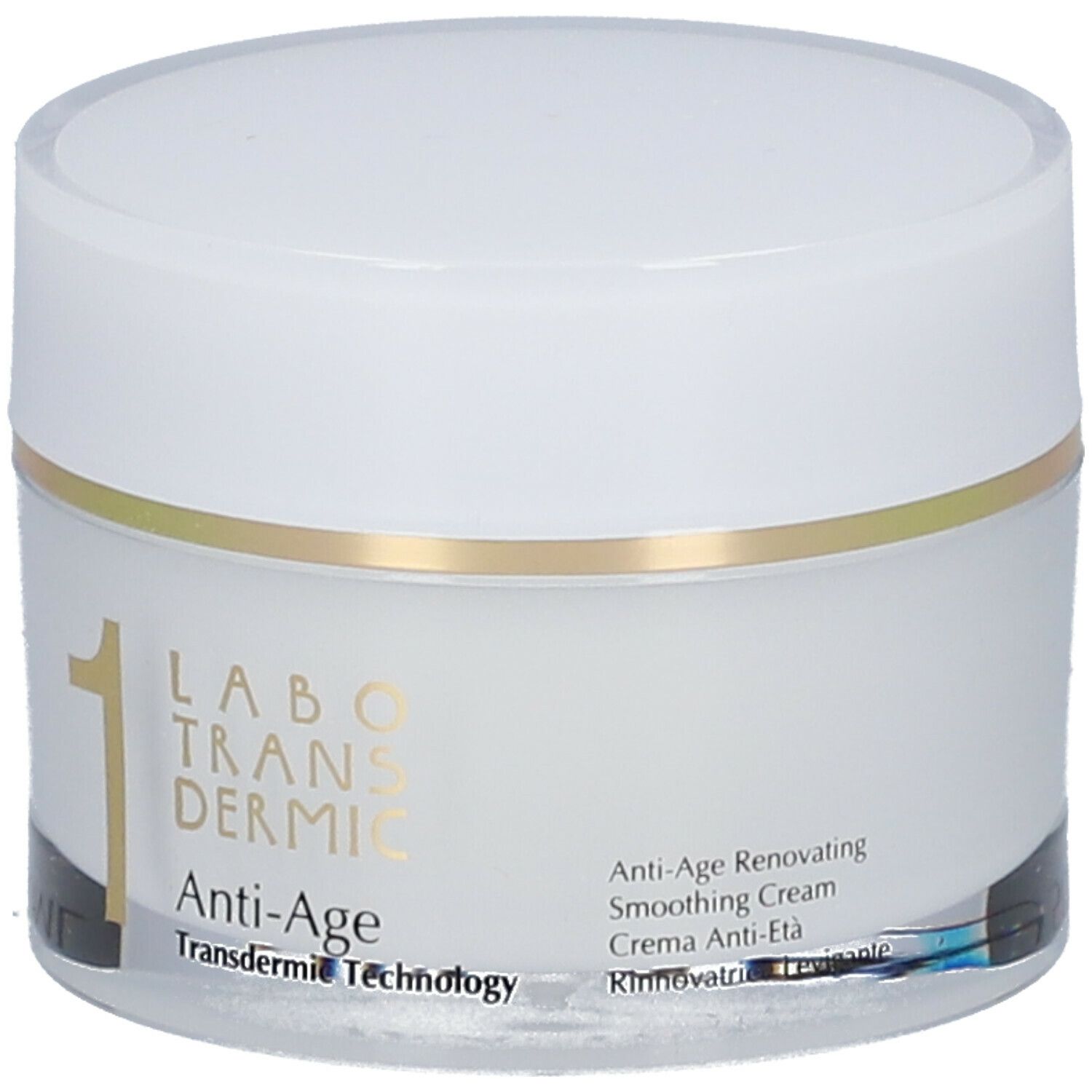 Vasetto di crema con coperchio bianco e anello dorato. Scritta: LABO TRANSDERMIC, Anti-Age, Transdermic Technology.