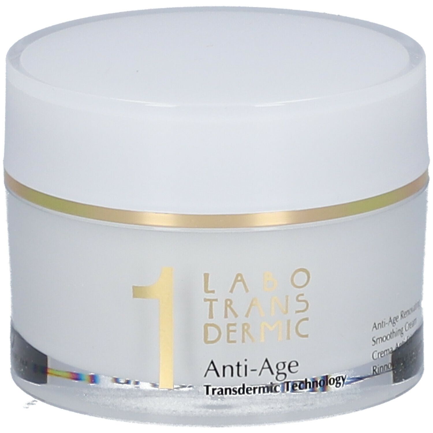 Vasetto di crema con coperchio bianco e anello dorato. Scritta: LABO TRANSDERMIC, Anti-Age, Transdermic Technology.