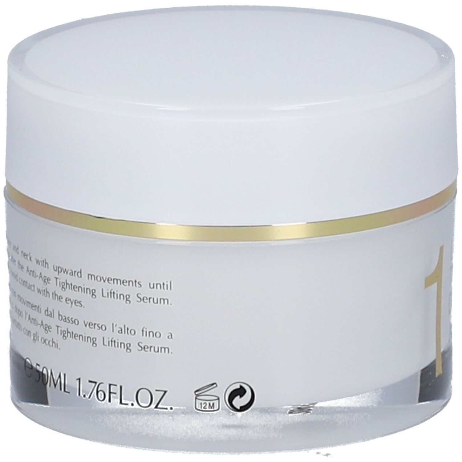 Vaso di crema con coperchio bianco e anello dorato. Scritta: 50ML 1.76FL.OZ. Testo d'uso. Simbolo 12M.