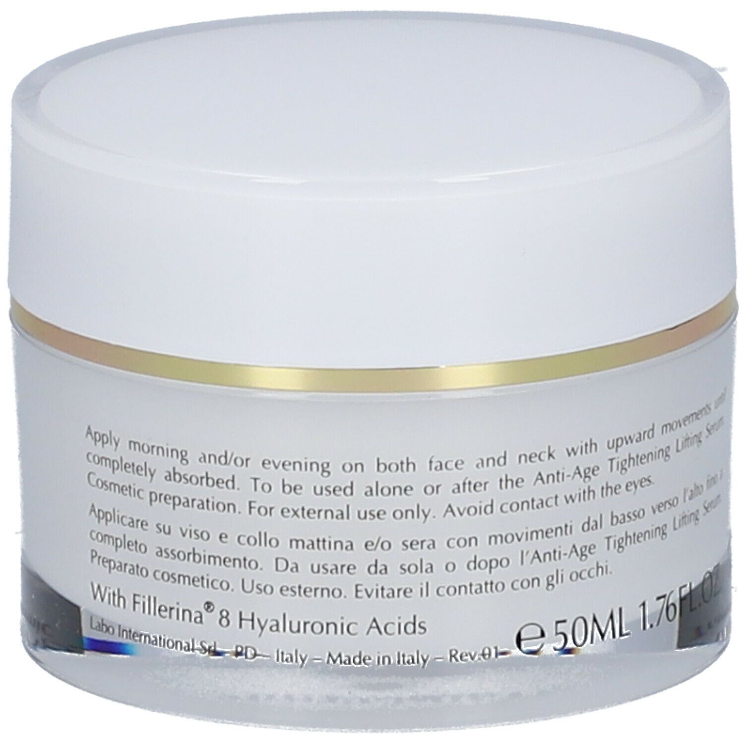 Vaso di crema con coperchio bianco e anello dorato. Scritta: 50ML 1.76FL.OZ. Testo d'uso. Con Fillerina 8 Acidi Ialuronici.