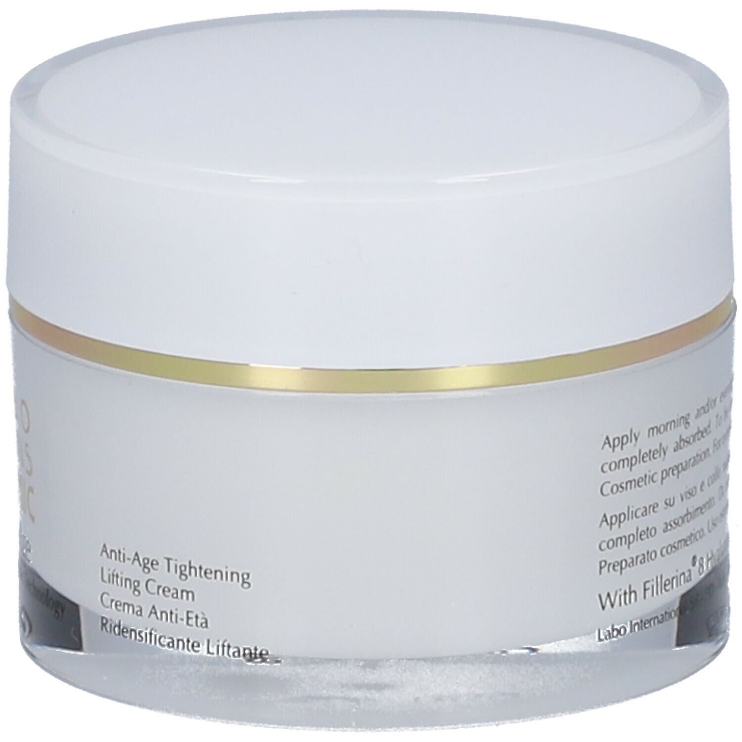 Vaso di crema con coperchio bianco e anello dorato. Scritta: Anti-Age Tightening Lifting Cream. Con Fillerina 8 Acidi Ialuronici.