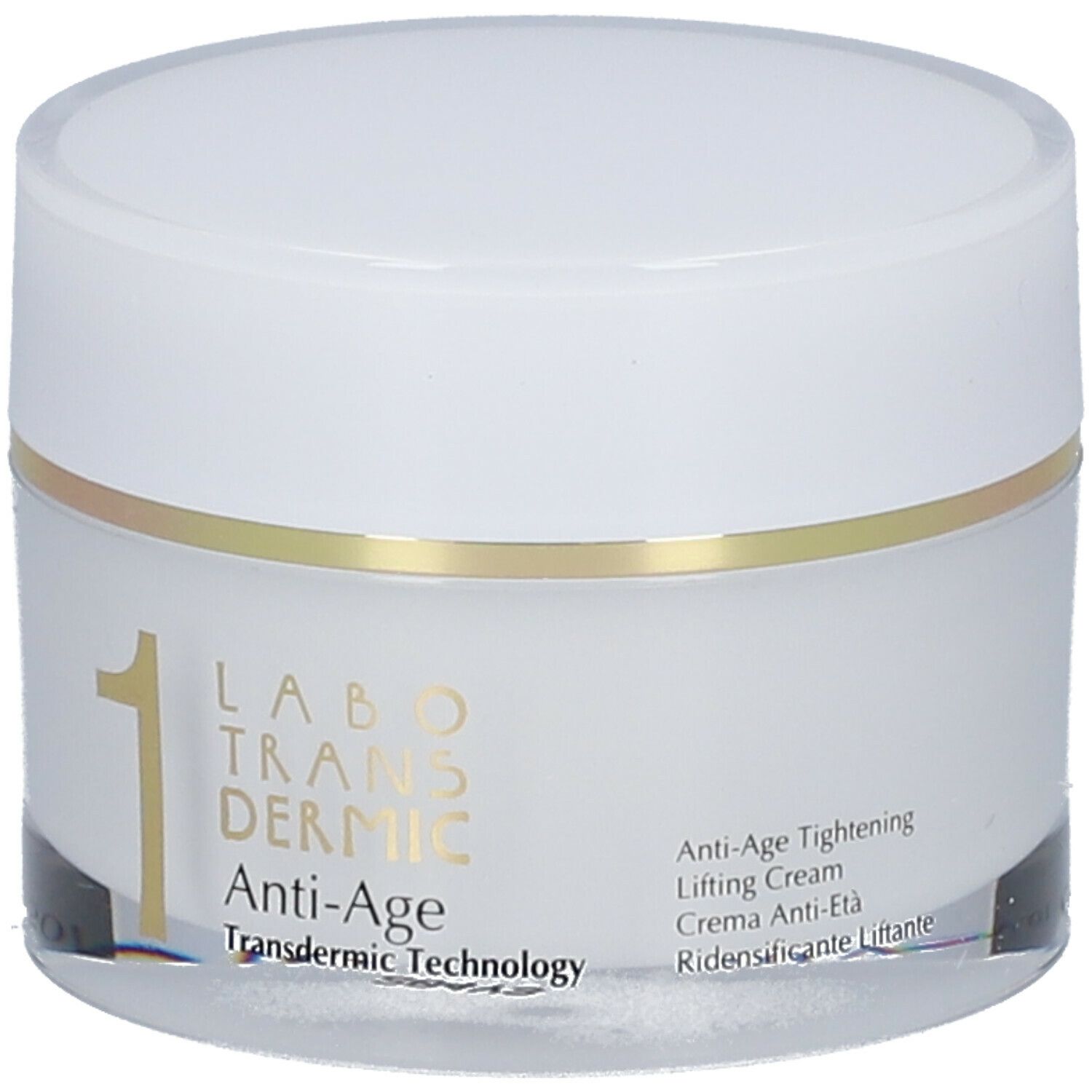 Vaso di crema con coperchio bianco e anello dorato. Scritta: LABO TRANSDERMIC Anti-Age. Anti-Age Tightening Lifting Cream.