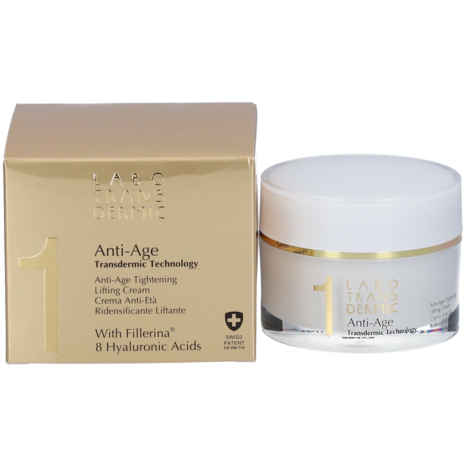 Vaso di crema e scatola. Scritta: LABO TRANSDERMIC Anti-Age. Anti-Age Tightening Lifting Cream. Con Fillerina 8 Acidi Ialuronici. Swiss Patent.