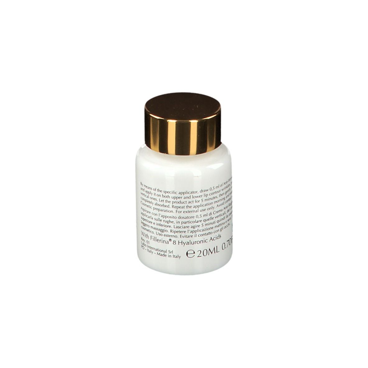 Piccola bottiglia bianca con tappo dorato. Scritta: LABO TRANSDERMIC, 20ml, 0.70FL.OZ. Con Fillerina & 8 Acidi Ialuronici.