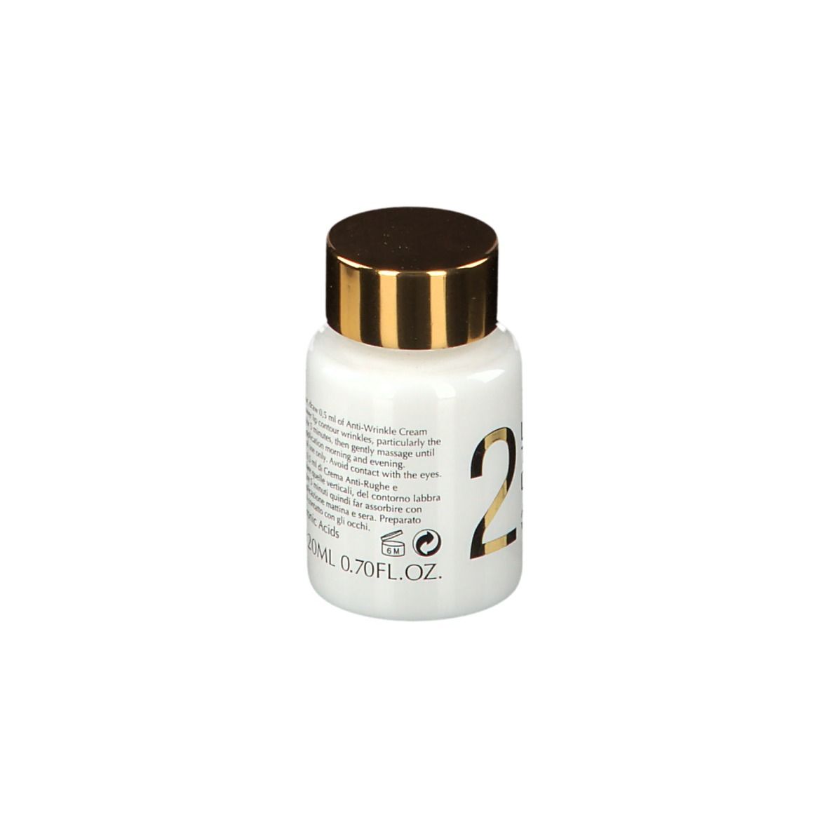 Piccola bottiglia bianca con tappo dorato. Scritta: LABO TRANSDERMIC, 2, 20ml, 0.70FL.OZ.