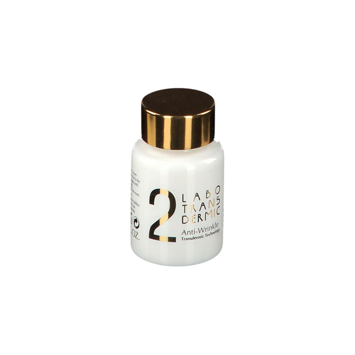 Piccola bottiglia bianca con tappo dorato. Scritta: 2, LABO TRANSDERMIC, Anti-Wrinkle.