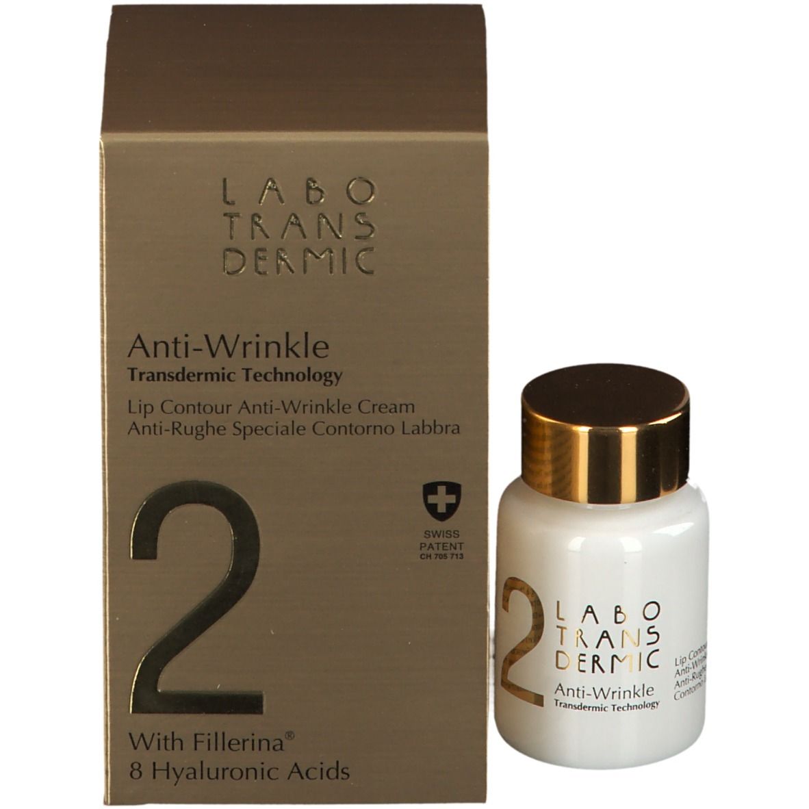 Confezione e flacone. Scritta: LABO TRANSDERMIC, Anti-Wrinkle, Swiss Patent, 2, Fillerina.