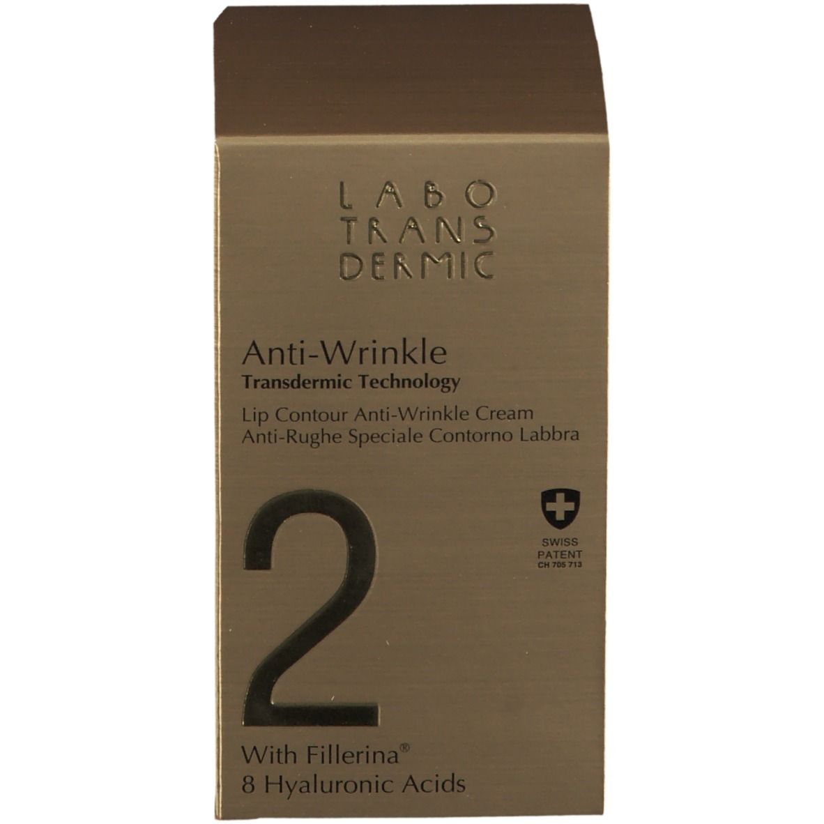 Confezione del prodotto. Scritta: LABO TRANSDERMIC, Anti-Wrinkle, Swiss Patent, 2, Fillerina.