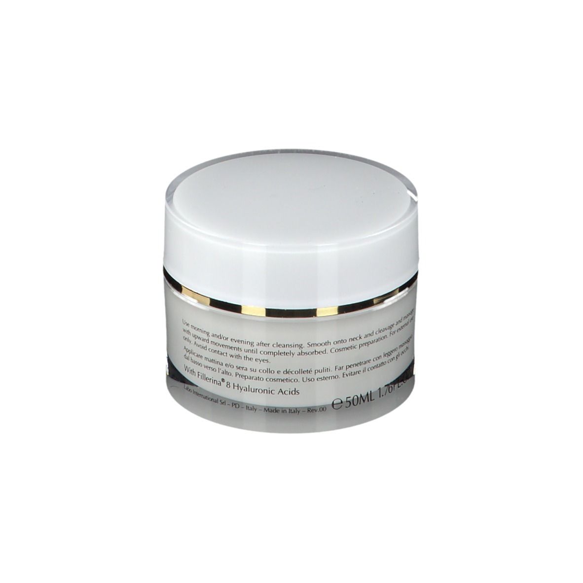 Vasetto di crema con coperchio bianco. Scritta: 50ML 1.7FL.OZ. Con acido ialuronico. Made in Italy.