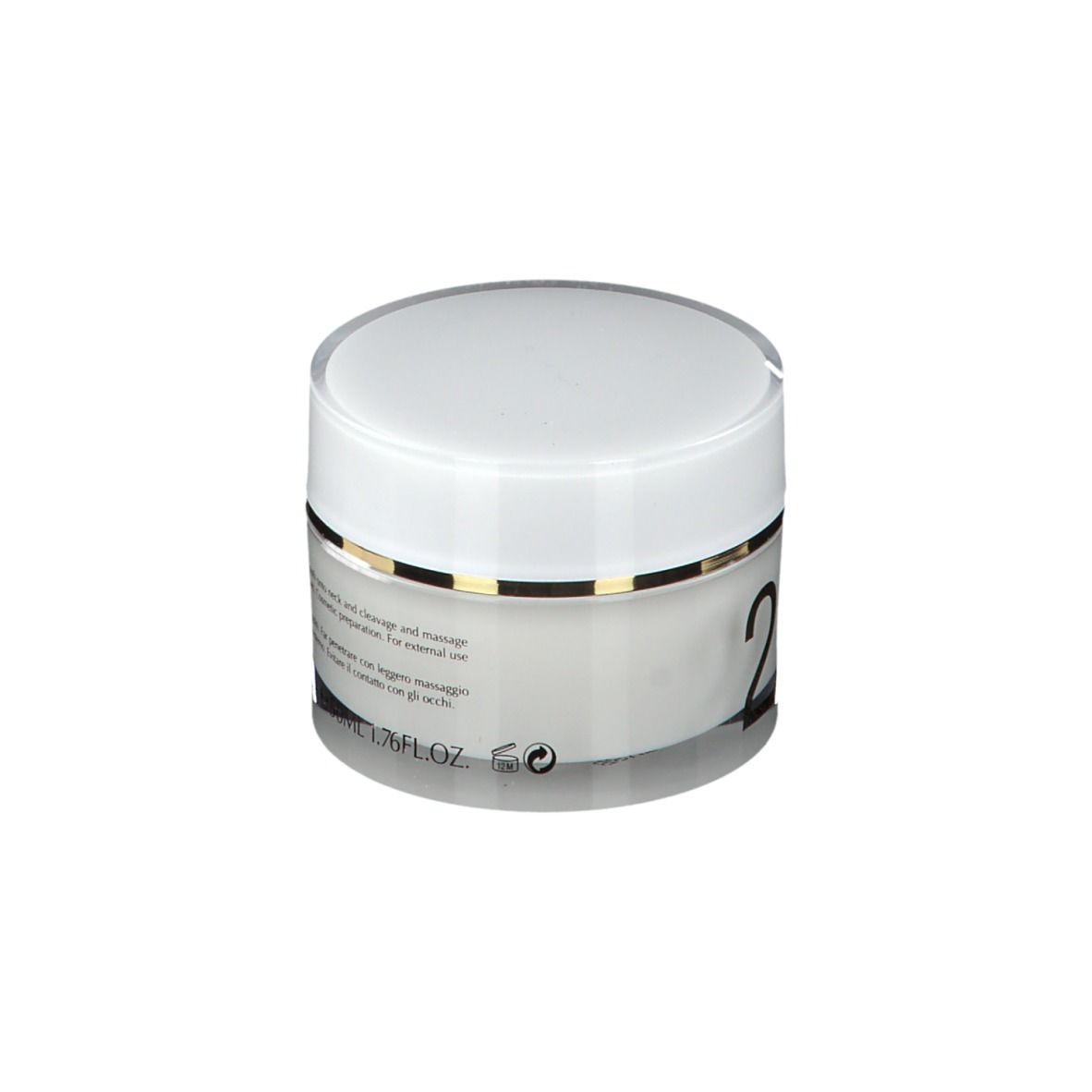 Vasetto di crema con coperchio bianco. Scritta: 1.76FL.OZ. Con acido ialuronico. Made in Italy.