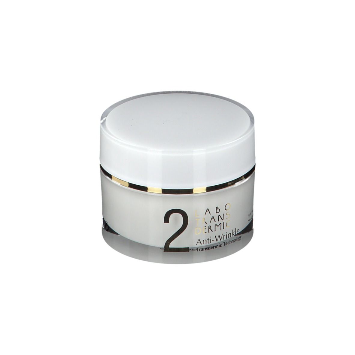 Vasetto di crema con coperchio bianco. Scritta: 2, Anti-Wrinkle, Labotransdermic. Transdermic Technology.