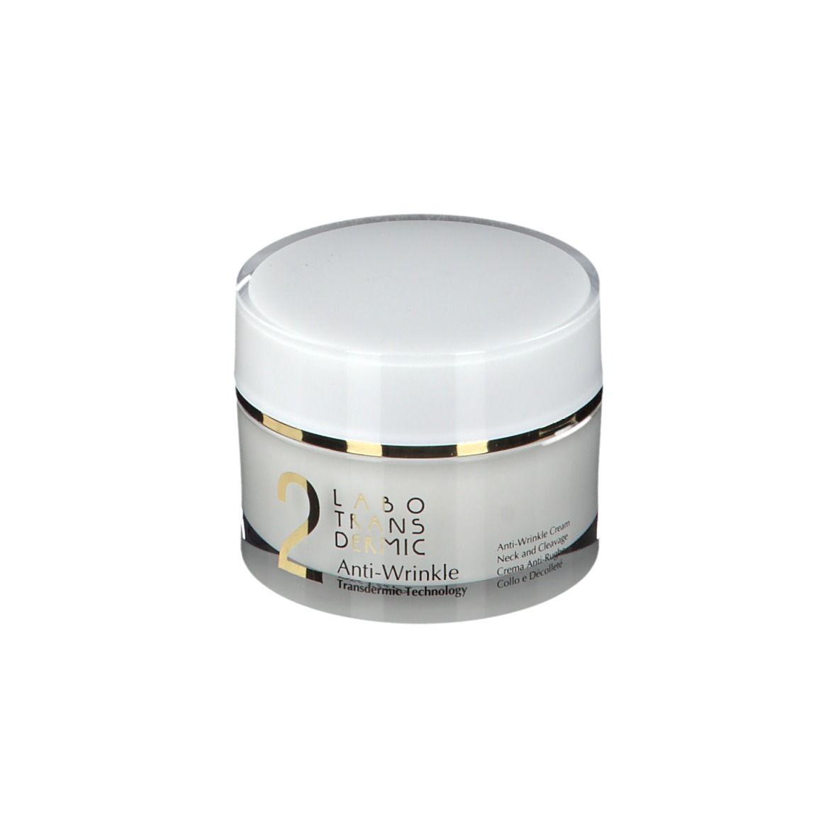 Vasetto di crema con coperchio bianco. Scritta: 2, Anti-Wrinkle, Labotransdermic. Transdermic Technology.