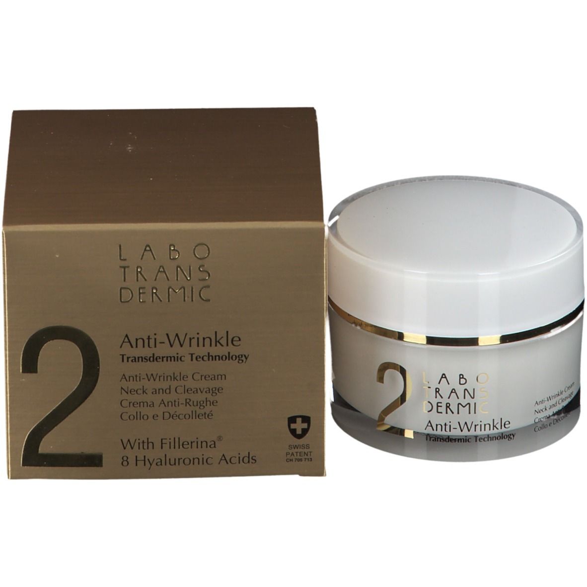 Vasetto di crema e confezione. Scritta: 2, Anti-Wrinkle, Labotransdermic. Con Fillerina. Swiss Patent.