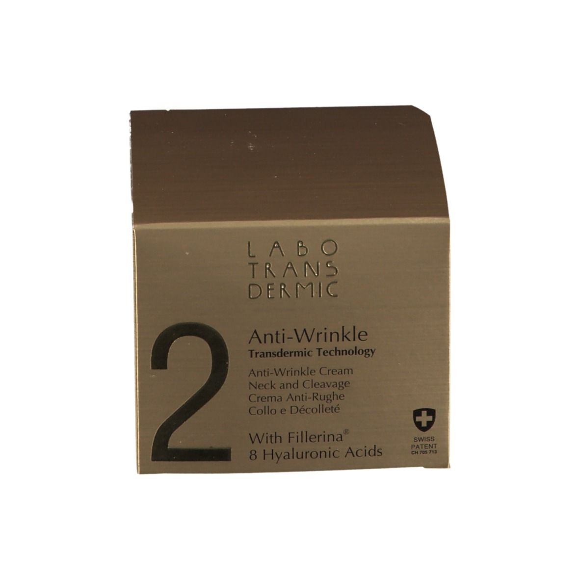 Confezione. Scritta: 2, Anti-Wrinkle, Labotransdermic. Con Fillerina. Swiss Patent.